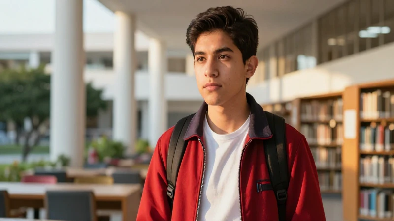 Joven mexicano en biblioteca contemporánea