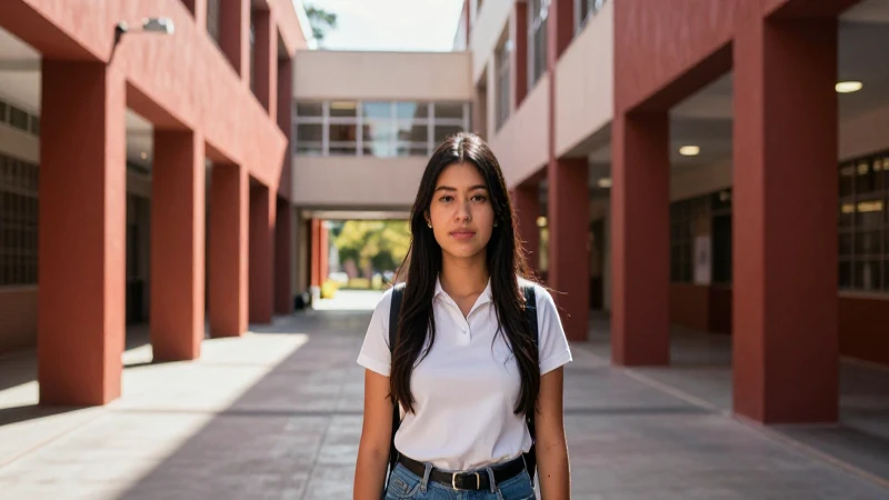 Estudiante mexicano decidido en moderno campus