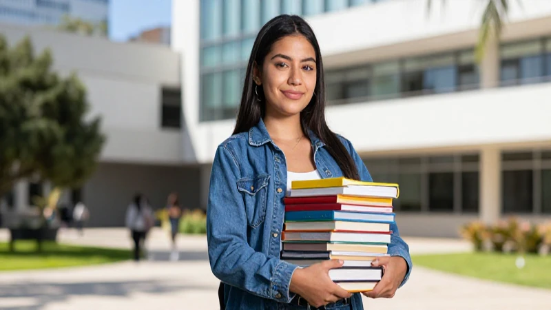Retrato vibrante de estudiante mexicano en campus iluminado