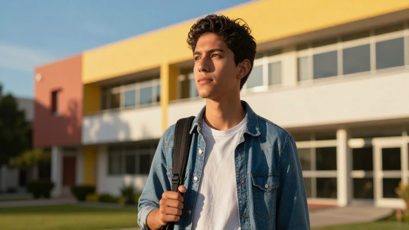 Estudiante mexicano exitoso en campus moderno
