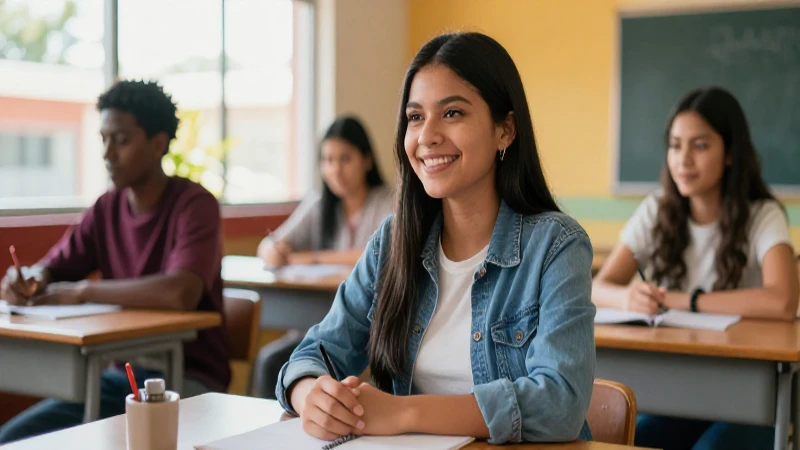Estudiante mexicana sonríe en clase vibrante