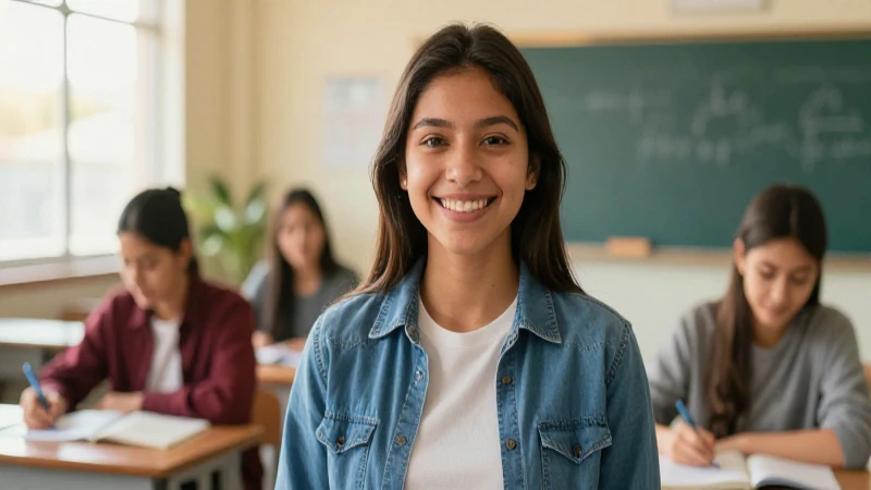 Joven mexicana sonríe en un aula moderna
