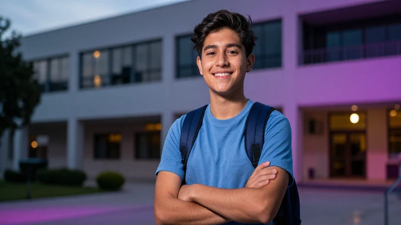Estudiante mexicano sonriendo en campus vibrante
