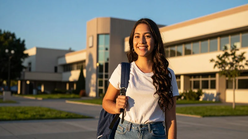 Estudiante mexicano sonriendo en campus universitario moderno
