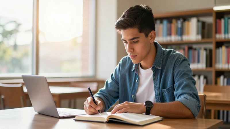 Estudiante mexicano concentrado en biblioteca luminosa