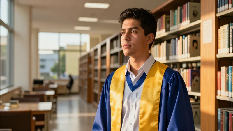 Joven mexicano en biblioteca universitaria moderna