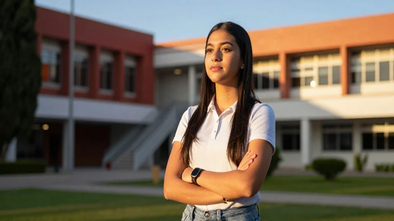 Estudiante mexicana elegante en campus al atardecer