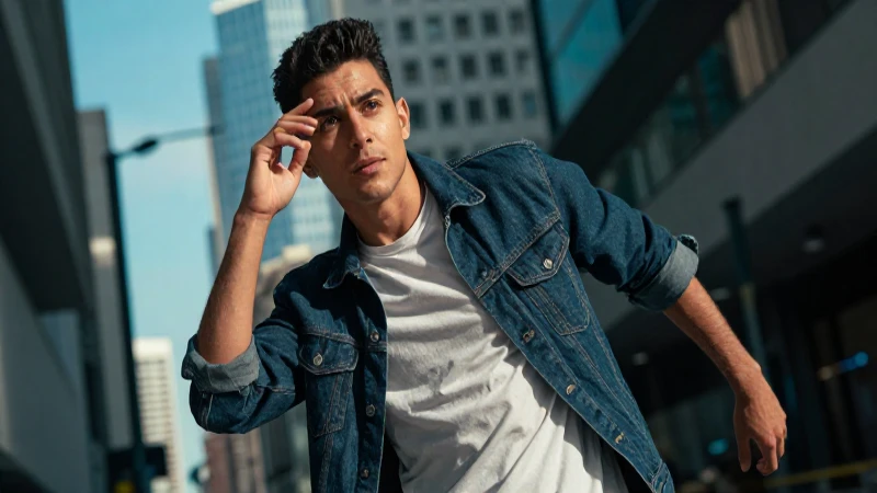 Joven mexicano urbano con pose dinámica y dramática
