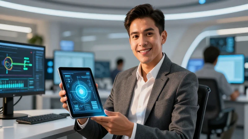 Joven mexicano profesional usa tecnología futurista