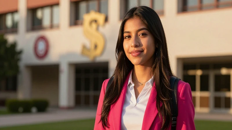 Estudiante mexicana radiante en universidad moderna
