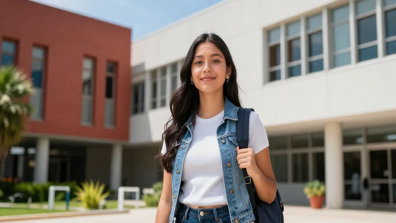Estudiante mexicano en campus moderno con iluminación dramática