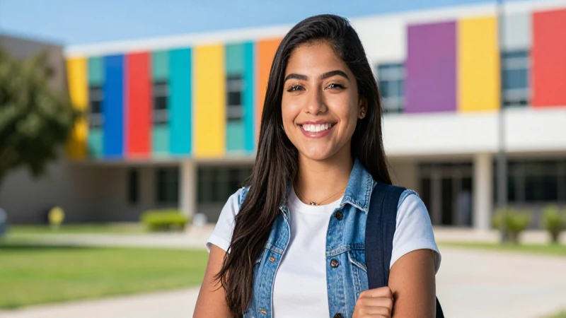 Estudiante mexicano sonriente en campus moderno