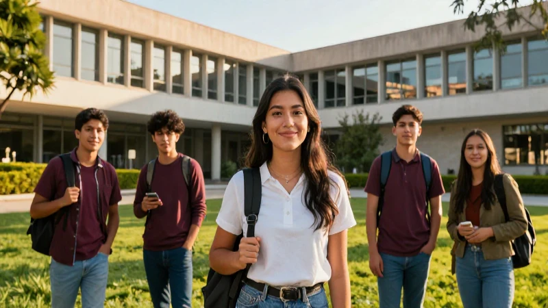 Estudiantes mexicanos entusiastas en campus moderno y vibrante