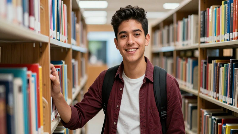 Estudiante mexicana exitosa en una biblioteca moderna