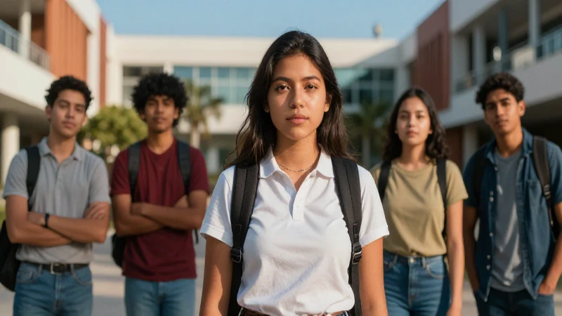 Estudiantes mexicanos ambiciosos en campus moderno