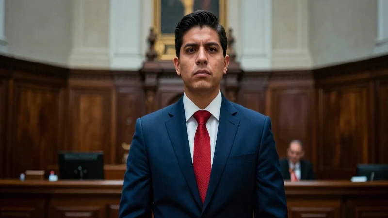 Joven profesional mexicano enfocado en un gran tribunal
