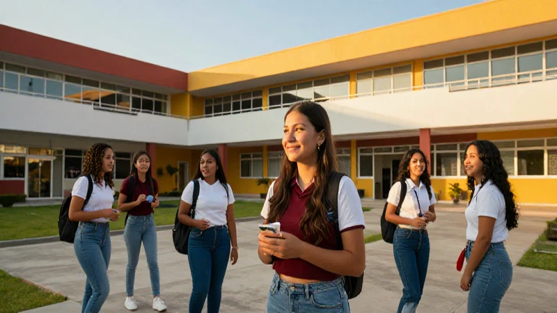 Jóvenes mexicanos en campus moderno y vibrante
