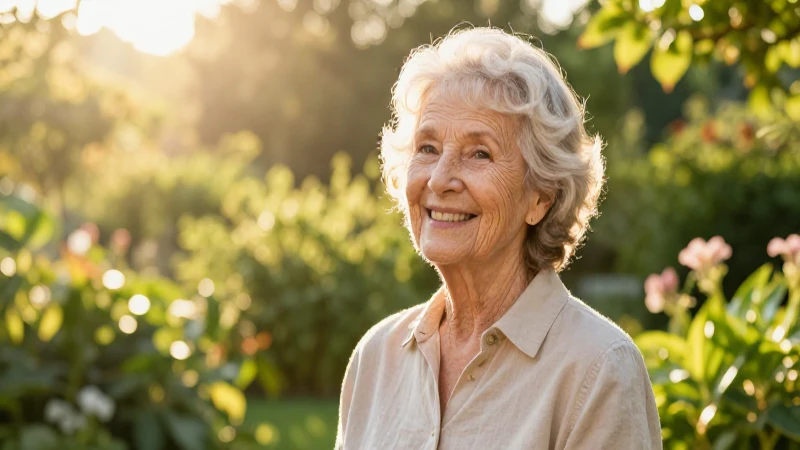 Anciana feliz en jardín, luz dorada