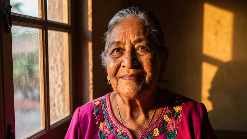Abuelita mexicana sonriente con luz dorada