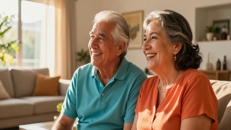 Pareja anciana sonriendo bajo luz cálida