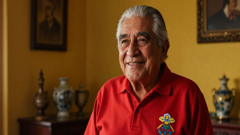 Abuelo mexicano sonriente en cálido hogar