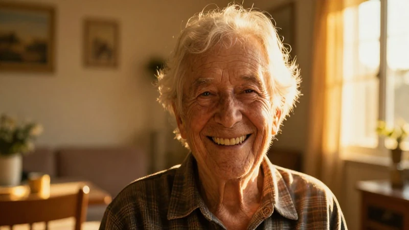 Anciano sonriente en luz dorada, muy detallado