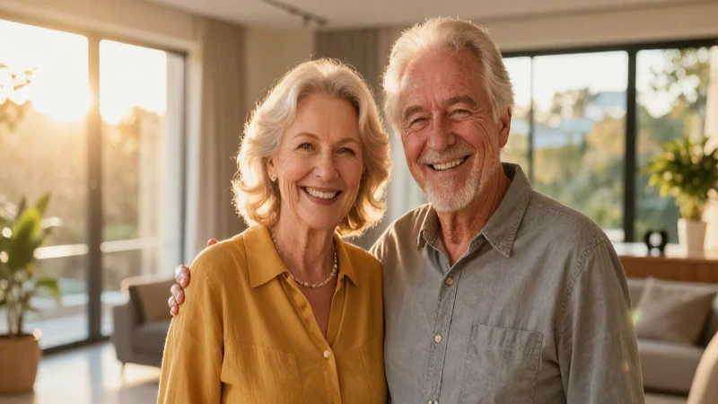 Pareja mayor sonriente en casa con luz dorada