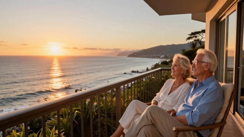 Pareja elegante disfruta de atardecer costero