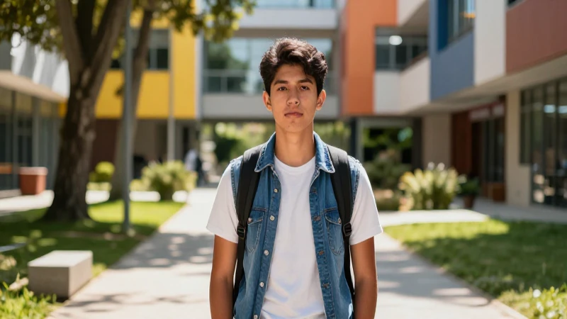 Joven estudiante mexicano en campus moderno