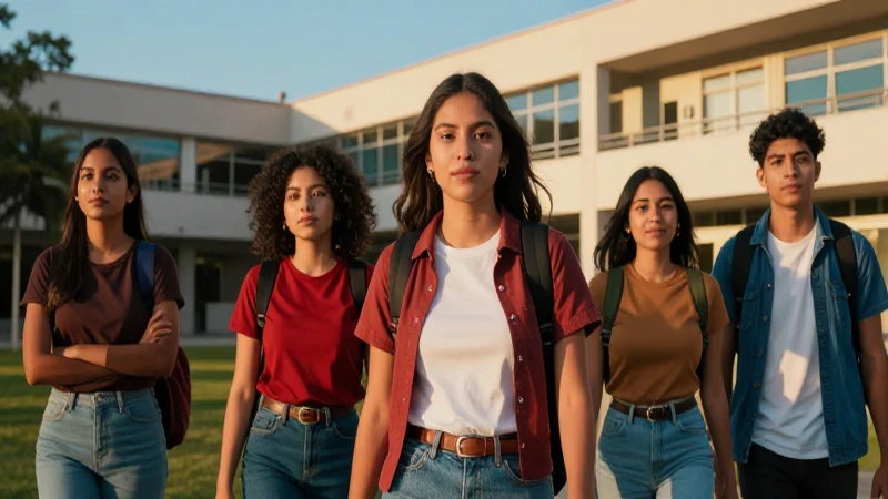 Ambiciosos estudiantes mexicanos en campus moderno