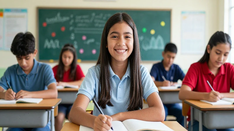 Joven mexicana sonríe en aula moderna