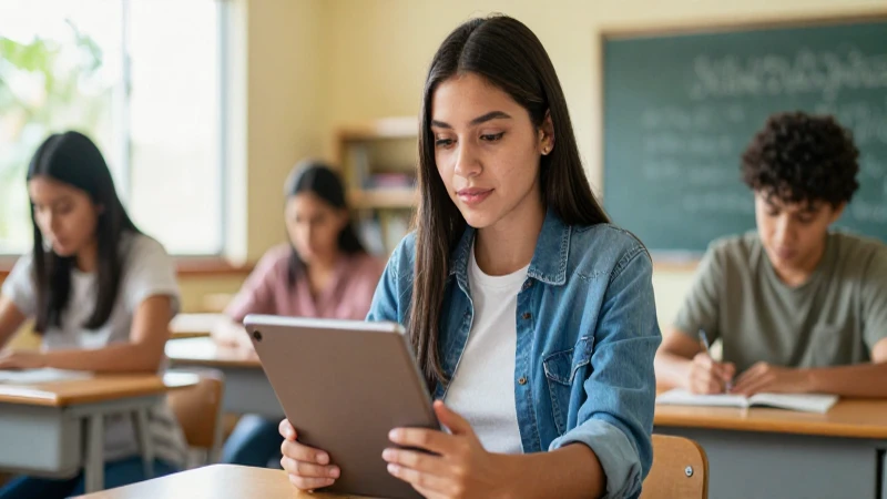 Estudiante mexicano enfocado con tableta digital