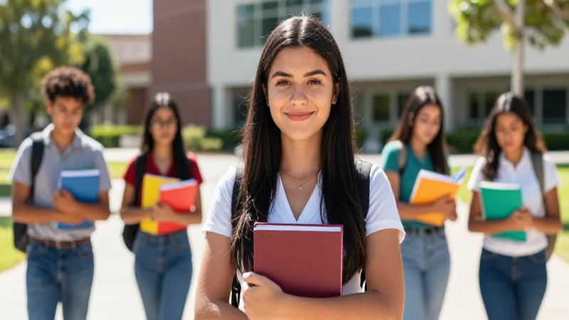 Estudiante mexicana sonriente en campus moderno
