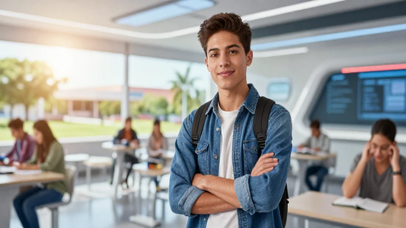 Joven estudiante mexicano en aula moderna y futurista