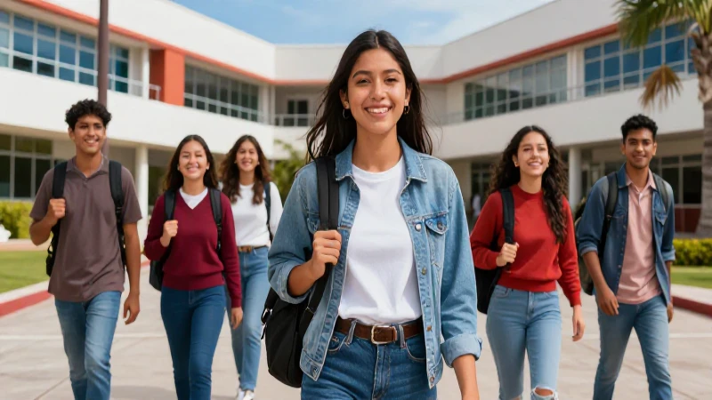 Estudiantes mexicanos triunfantes en campus moderno