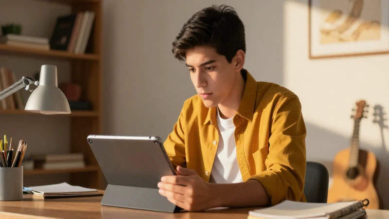 Estudiante mexicano estudia bajo luz dorada