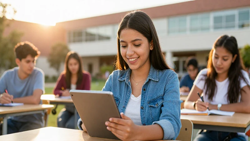 Estudiante mexicano sonríe con tablet en campus moderno