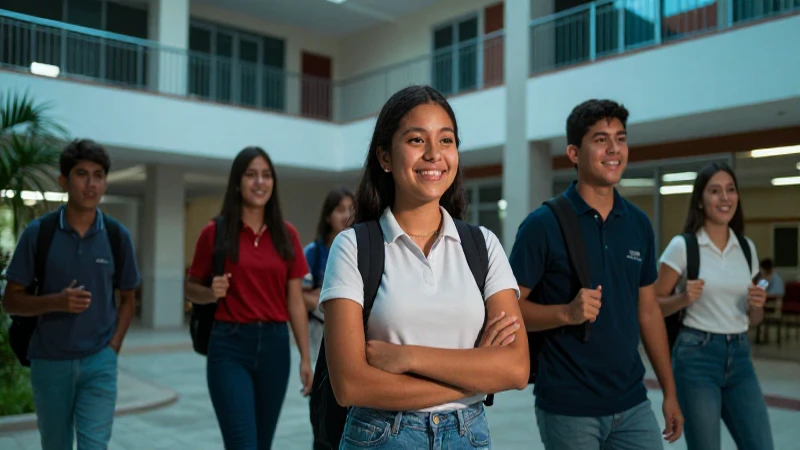 Estudiantes mexicanos en campus moderno y brillante