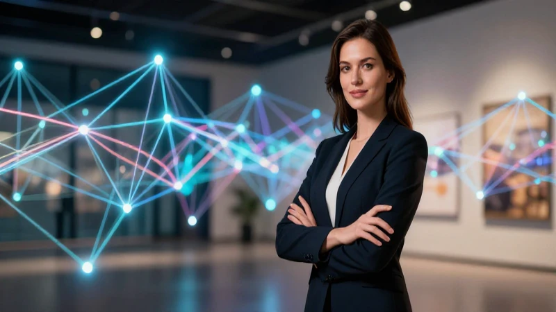 Mujer elegante y segura en museo con arte digital