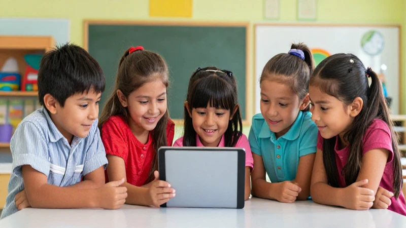 Niños mexicanos alegres juegan con tableta en clase