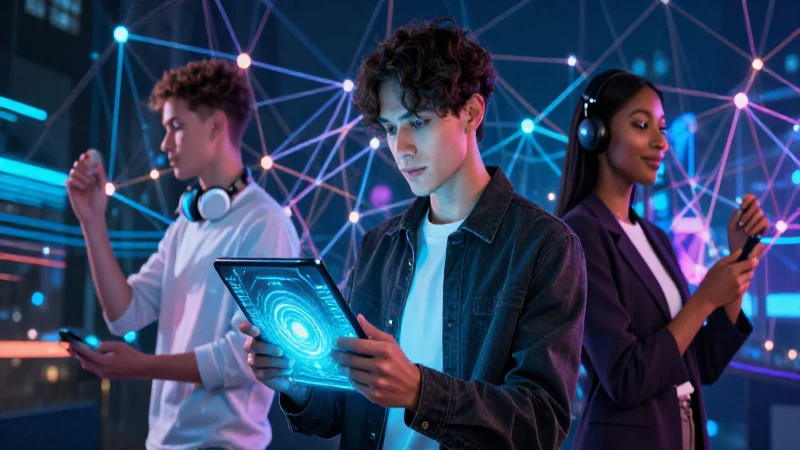 Visionario joven con tablet futurista en estilo cyberpunk