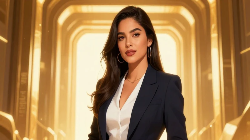 Mujer mexicana moderna en un portal dorado vibrante