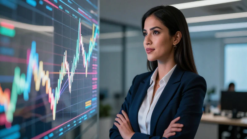 Mujer de negocios mexicana frente a gráficos financieros abstractos