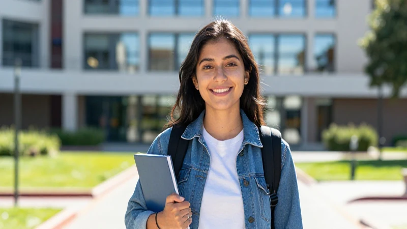 Joven mexicana exitosa en campus moderno y brillante