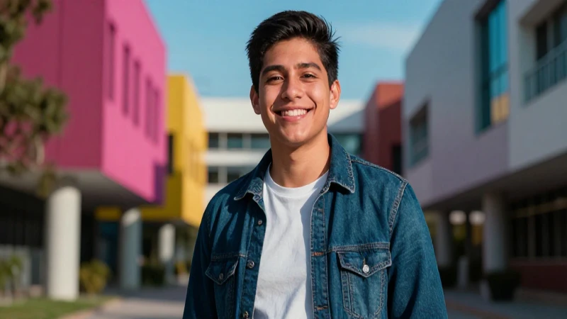 Joven mexicano aspiracional en campus vibrante