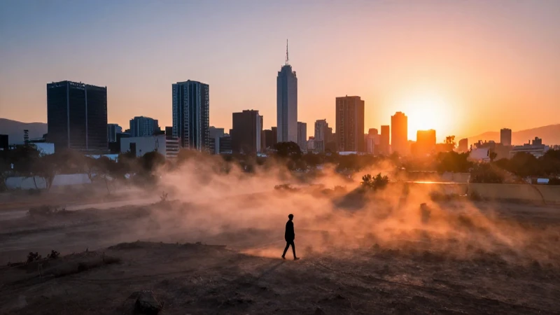 Viajero solitario y ciudad moderna al atardecer