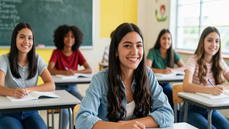 Estudiantes mexicanas sonriendo en un aula moderna y vibrante