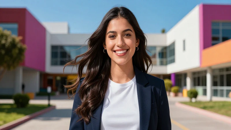 Retrato de joven mexicana sonriendo en campus moderno