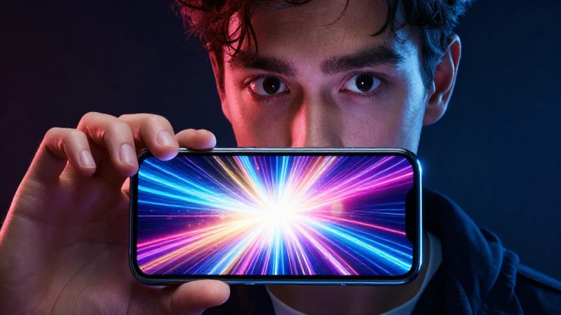 Joven curioso ante vibrante luz digital