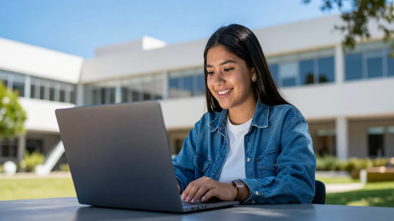 Estudiante mexicano sonriente en campus moderno y vibrante